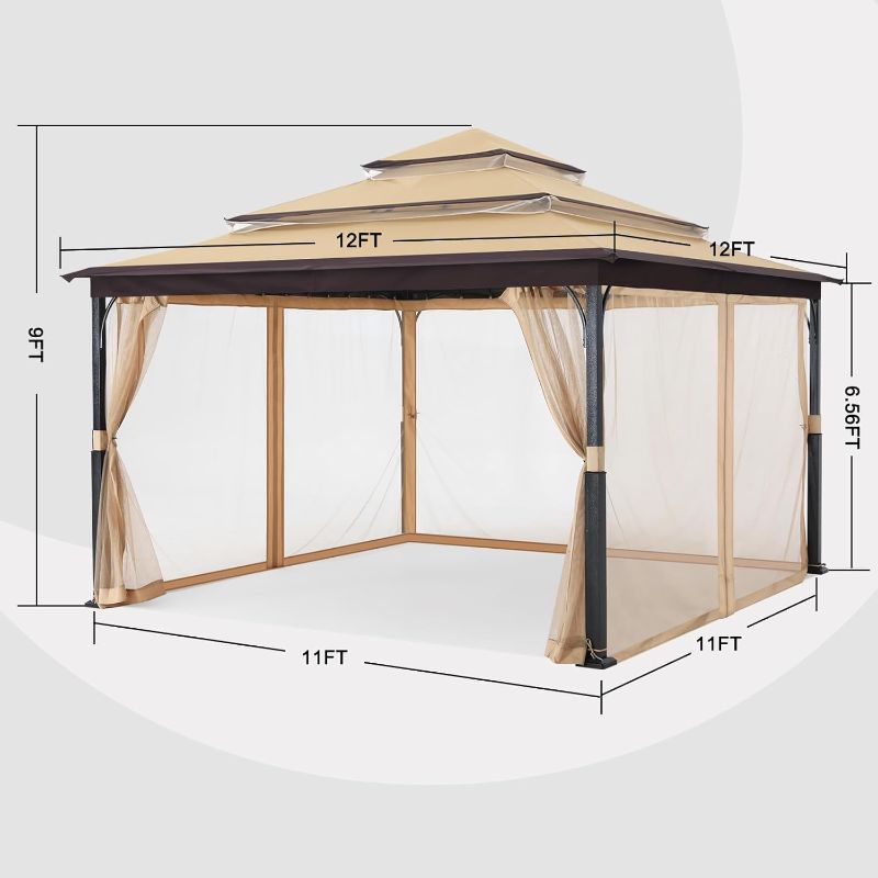 Photo 1 of MASTERCANOPY 12x12FT Outdoor Gazebo for Patios with 3-Tier Roof Canopy Gazebo with Mosquito Netting,Beige

