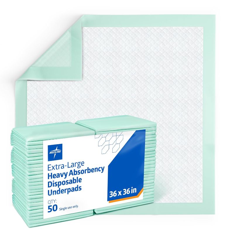 Photo 1 of Medline Super Absorbent Underpad, 36" x 36", 50 Count, Extra Large Disposable Incontinence Pads, Protective Bed Pads, Chucks, For Kids, Adults, Elderly, Furniture & Surface Protection Pee Pad
