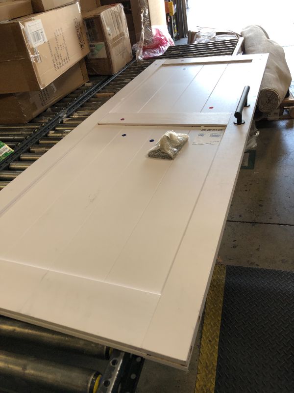 Photo 1 of COSHOMER 30in x 80in MDF Sliding Barn Door with 5ft Barn Door Hardware Kit & Handle, Pre-Drilled Holes Easy Assembly -Solid Barn Door Slab Covered with Water-Proof PVC Surface, White, H-Frame