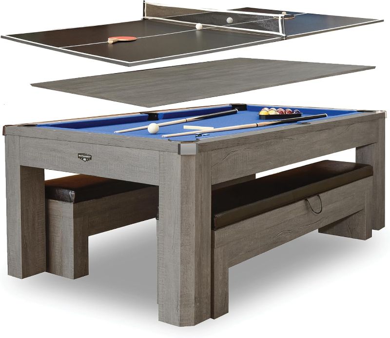 Photo 1 of Hathaway Newport 7 Foot Dining Pool Table Combo with Game Accessories, and 2 Benches – Multifunctional Billiards Table with Ping Pong and Dining Top - Rustic Gray Finish, Blue Felt, Chrome Accents
