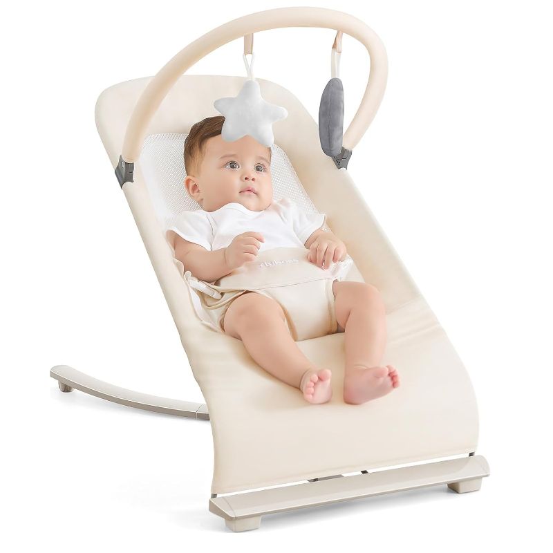 Photo 1 of 3-in-1 Portable Baby Bouncer & Rocker Chair for Newborn to Toddler - 4 Adjustable Recline Positions, Breathable Cotton Fabric, Natural Vibration, Supports Up to 33 lbs (Oatmeal Khaki)