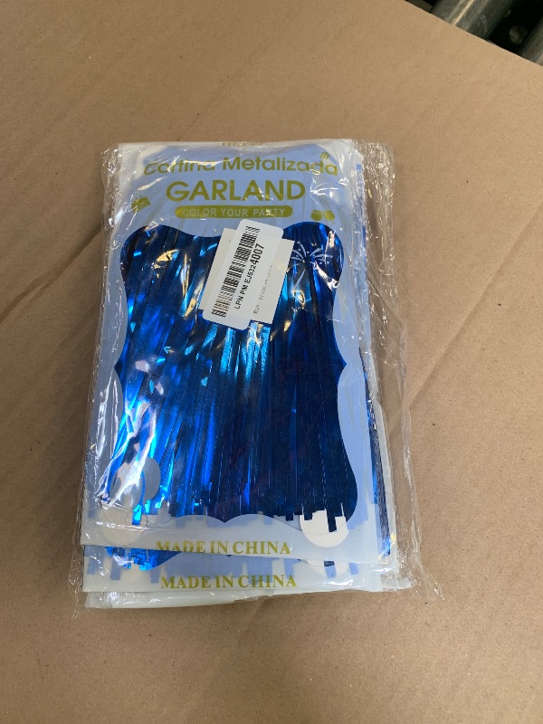 Photo 1 of 6 Pack 10 Feet Foil Fringe Garland Metallic Tinsel Streamers Banner Wall Hanging Curtain Backdrop Banner for Parade Floats, Thanksgiving, Christmas, Birthday, Halloween Party Decorations(Blue)