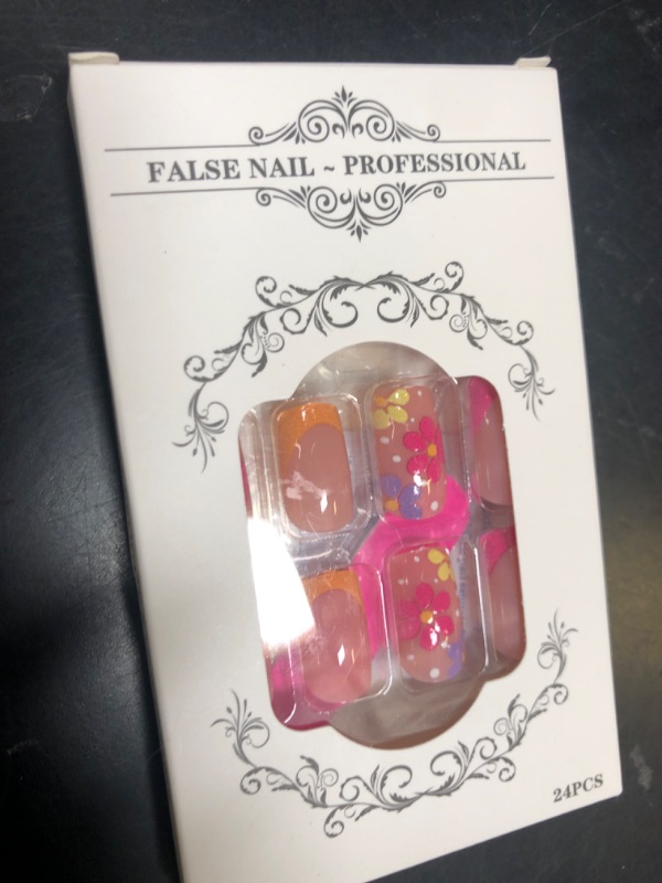 Photo 1 of French Tip Press on Nails Short Square Fake Nails Nude Pink False with Flower Designs Acrylic Artificial Nails Full Cover Glue on Nails Stick on Nails for Women Girls