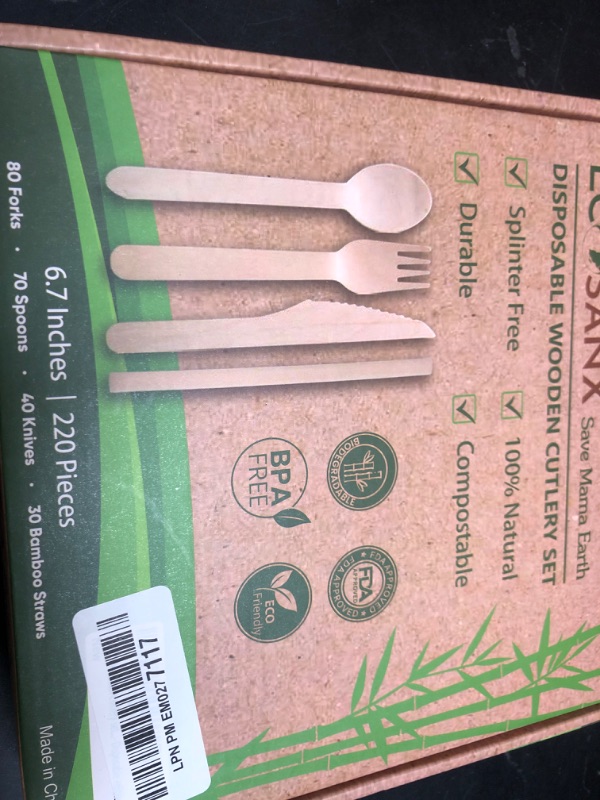 Photo 1 of Bamboo Cutlery Set - Wooden Utensils for Eating - Disposable Wooden Cutlery set of 220 (80 Forks 70 Spoons 40 Knives 30 Straws) Bamboo Disposable Utensils - ECO Friendly Compostable Utensil for Party