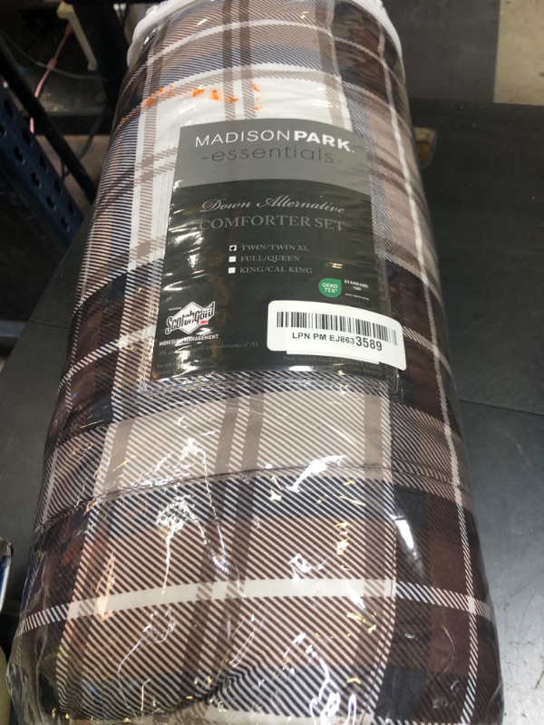 Photo 1 of Madison Park Essentials Parkston Plaid Comforter, Matching Sham, 3M Scotchguard Stain Release Cover, Hypoallergenic All Season Bedding-Set, Twin/ Twin XL, Brown, 2 Piece