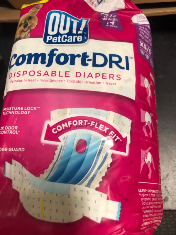 Photo 1 of OUT! Petcare Disposable Dog Diapers for Female Dogs, Dog Heat Diapers, Female Dog Period Pads, Female Doggy Diaper for Peeing, Pet Diapers for Small Pets,13”-18” Waist, XS/Small, 16 Count