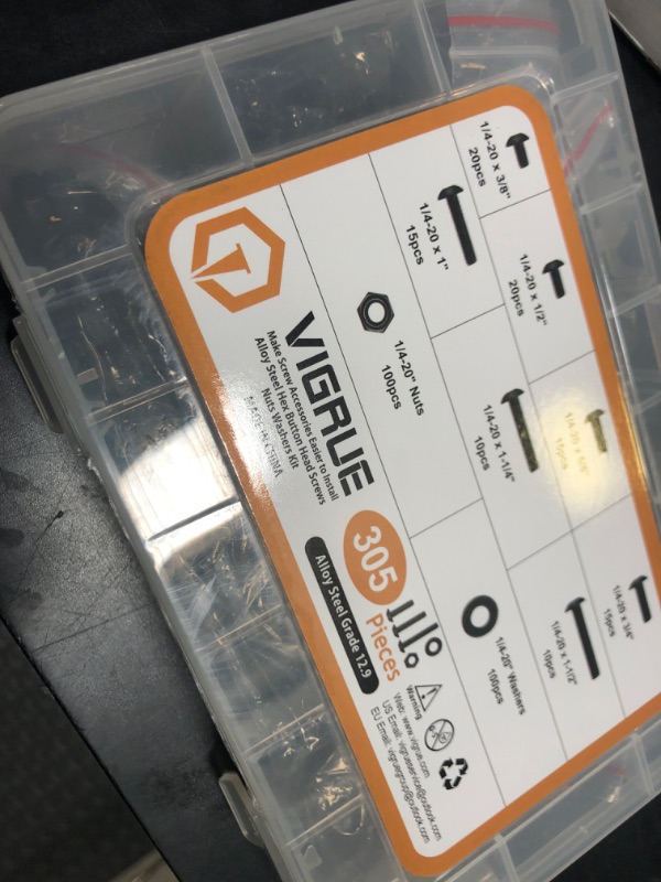 Photo 1 of VIGRUE 305Pcs 1/4-20 Bolt and Nut Assortment Kit, 1/4-20 Black Button Head Socket Cap Screw Nuts Washers Kit, Assorted Allen Head Screws, Class 12.9 Alloy Steel
