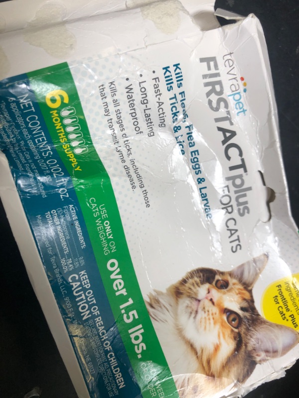Photo 1 of TevraPet FirstAct Plus Flea and Tick Prevention for Cats Over 1.5lbs, 6 Monthly Doses, Topical Drops exp date unknown