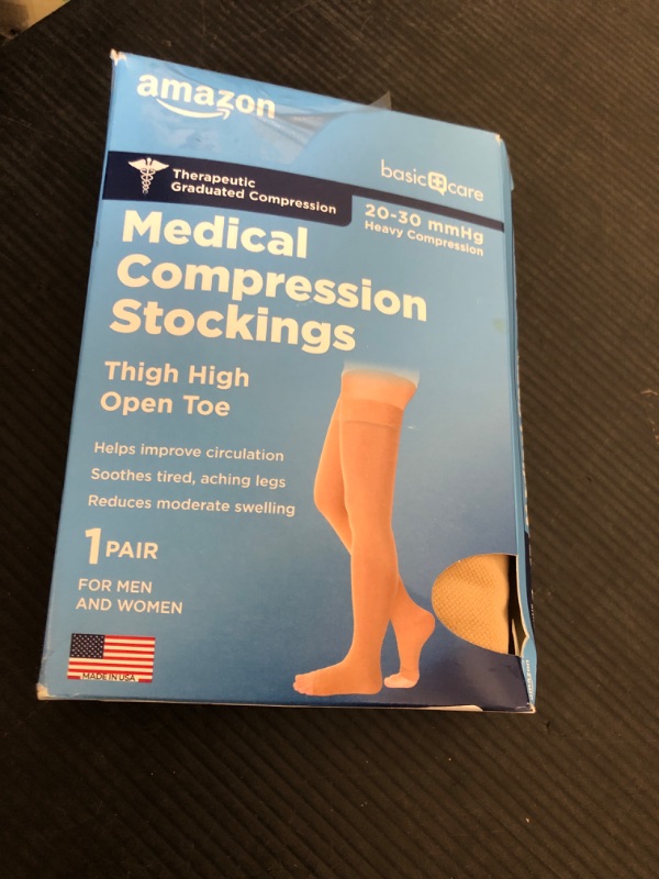 Photo 1 of Amazon Basic Care Medical Compression Stockings, 20-30 mmHg Support, Women & Men Thigh Length Hose, Open Toe, Beige, Small (Previously NuVein)