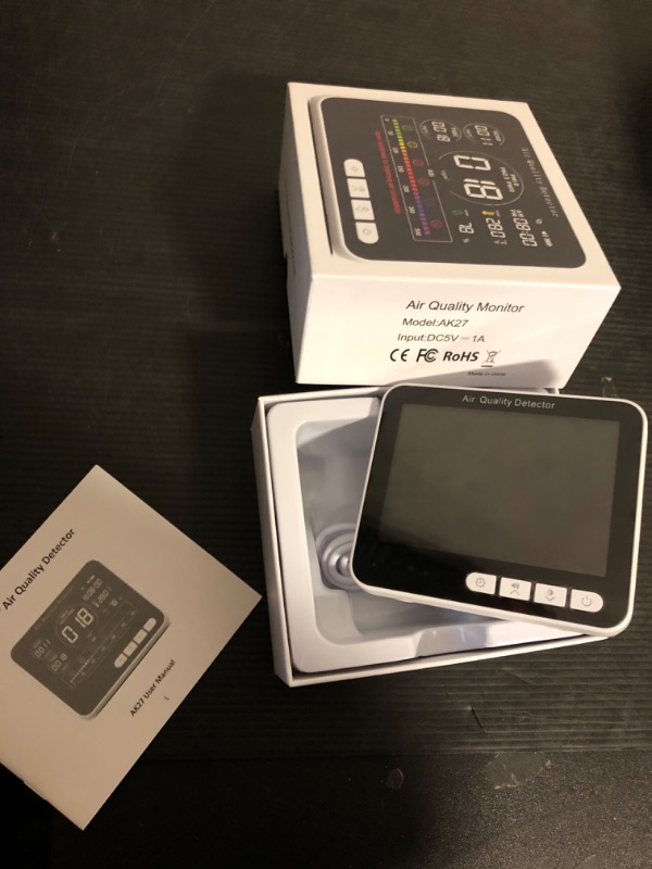 Photo 1 of 14 in 1 Air Quality Monitor Indoor with Beep Alarm, 6 AQI Air Quality Detector with PM1.0|PM2.5|PM10|HCHO|TVOC|AQI|Temperature|Humidity|Time for Home, Hotel, Office, Car, Battery Powered Air Monitor