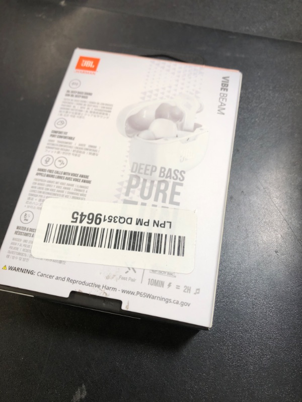 Photo 1 of JBL Vibe Beam - True Wireless JBL Deep Bass Sound Earbuds, Bluetooth 5.2, Water & Dust Resistant, Hands-free call with VoiceAware, Up to 32 hours of battery life (White)