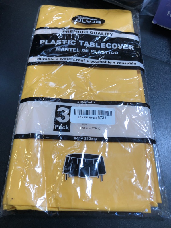 Photo 1 of PARTY ULYJA Yellow Tablecloths Plastic 3 Pack Premium 84 Inches Disposable Table Covers Decorative Table Cloths for Round Dinning Kitchen Tables