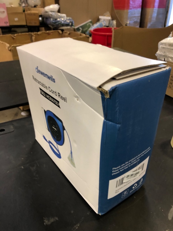 Photo 1 of DEWENWILS Retractable Extension Cord Reel, 75 FT Heavy Duty Power Cord, 14/3C SJTOW Retractable Cord Reel, Lighted Triple Outlets, 10A Circuit Breaker, Wall/Ceiling Mount, UL Listed, Blue