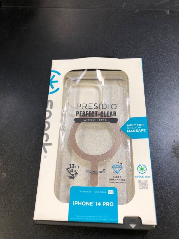 Photo 1 of Speck Clear iPhone 14 Pro Case - Drop Protection, Scratch Resistant, Dual Layer Slim Phone Case for 6.1 Inch iPhones 14 Pro - Built for MagSafe - Anti-Yellowing - Presidio Perfect - Clear/Gold Glitter