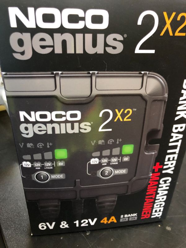 Photo 1 of NOCO GENIUS2X2: 4A 2-Bank Smart Battery Charger (2A/Bank) - 6V/12V Automatic Maintainer, Trickle Charger & Desulfator with Overcharge Protection & Temperature Compensation – For Lead-Acid & Lithium