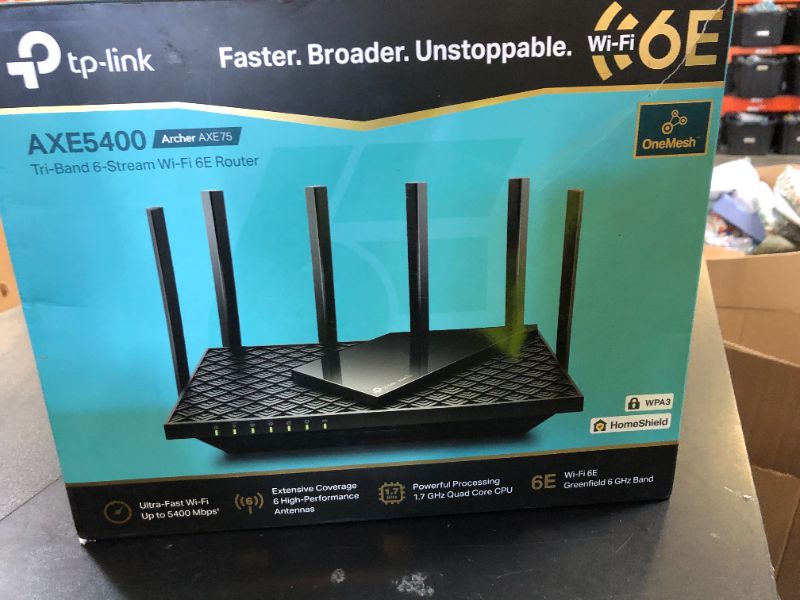 Photo 1 of TP-Link AXE5400 Tri-Band WiFi 6E Router (Archer AXE75)- Gigabit Wireless Internet Router, ax Router for Gaming, VPN Router, OneMesh, WPA3, Black