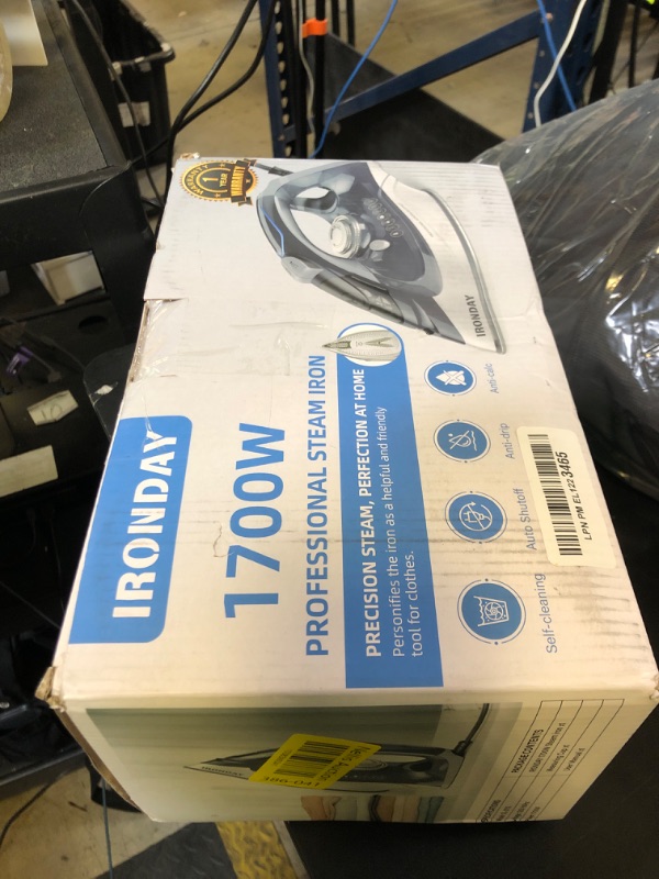Photo 1 of IRONDAY Steam Iron for Clothes Rapid Heating, 1700W Iron Burst of Steam, Non-Stick Ceramic Soleplate, Auto shutoff, Anti-Drip, Self-Cleaning, 10.14oz Water Tank Ironing Clothes for All Fabrics, Grey