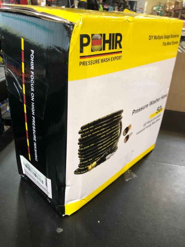 Photo 1 of POHIR Pressure Washer Hose 50 ft with 3/8 Inch Quick Connect, Kink Resistant High Tensile Wire Braided,with 2 pcs M22 14mm Adapter Set, 4200 PSI Power Washer Hose