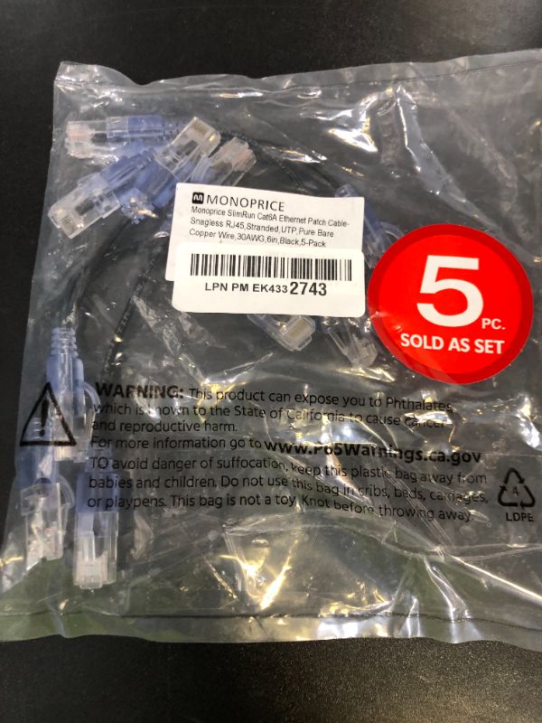 Photo 1 of Monoprice Cat6A 6in Black 5-Pk Patch Cable UTP 30AWG 10G Pure Bare Copper Snagless RJ45 SlimRun Series Ethernet Cable