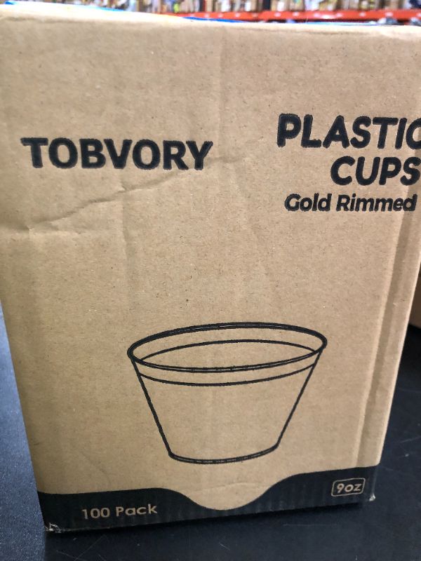 Photo 1 of Tobvory 100 Pack Gold Rimmed Plastic Cups - 9 oz Hard Clear Disposable Cups For Cocktail And Drinking - Food Grade Party Set - Sturdy Tumbler - Gold Rim