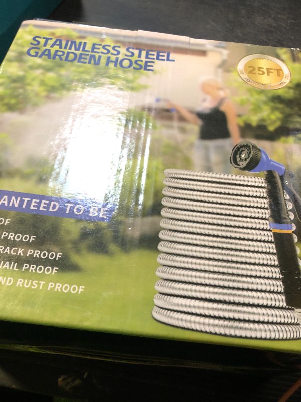 Photo 1 of Garden Hose 25 ft, Stainless Steel Metal Water Hose with 10 Function Nozzle, Lightweight Hose, No Kink, Leak-proof, Puncture Resistant for Yard, Outdoor, RV