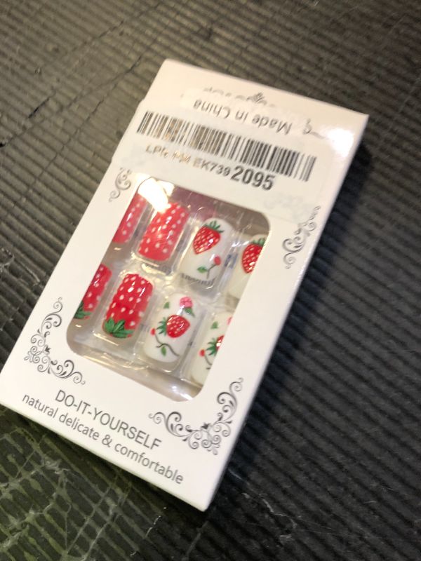 Photo 1 of 24Pcs Cute Press on Nails Medium Square Fake Nails Red Strawberry False Nails with Flower Design Full Cover Glue on Nails Cute Reusable Acrylic Nails Kit Holiday DIY for Women Girls