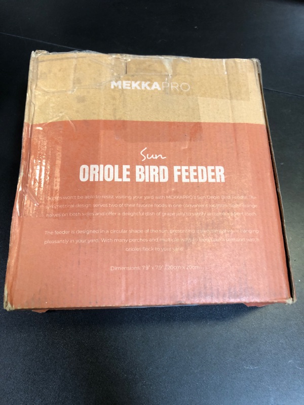 Photo 1 of MEKKAPRO Sun Baltimore Oriole Feeder for Outdoors, Jelly and Orange Metal Bird Feeder, Unique Sun Design and Bright Color Oriole Bird Feeder, Open Top Hook, UV-Resistant Powder-Coated Steel (Single)