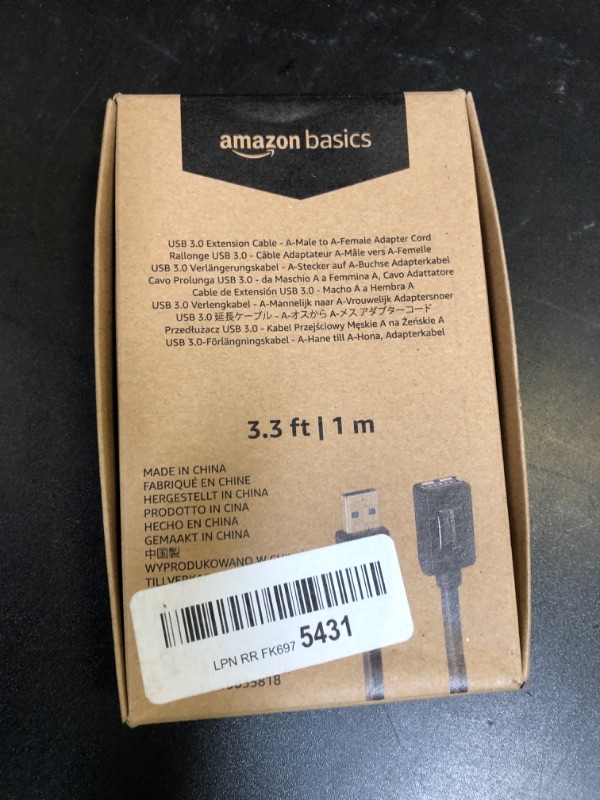 Photo 1 of Amazon Basics USB-A 3.0 Extension Cable, 4.8Gbps High-Speed, Male to Female Gold-Plated Connectors, 3.3 Foot, Black