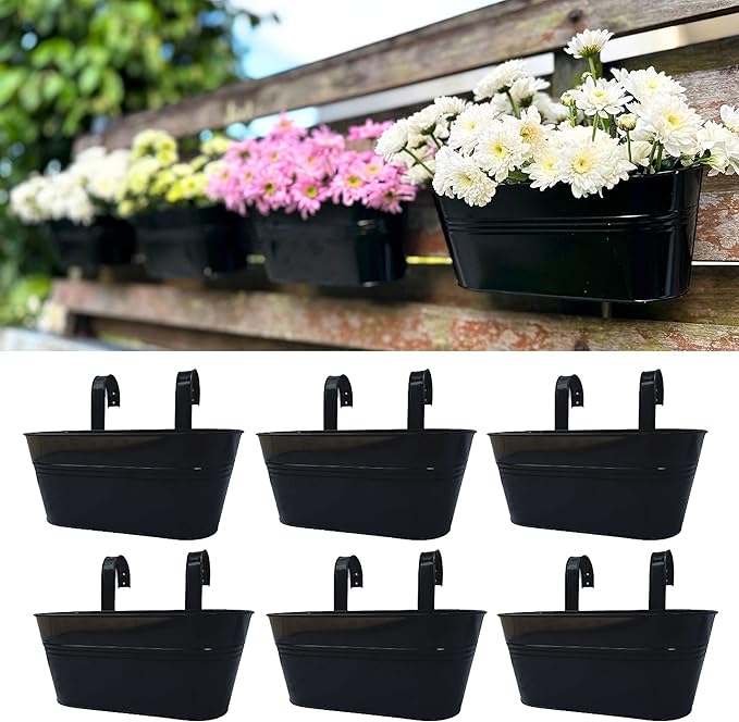 Photo 1 of LaLaGreen Outdoor Plants Rail Planter Plants (6 Pack, 11.2 Inch) Black Metal Iron Hanging Flower Pots Deck Railings Fence Buckets Modern Style Wall Mount Window Box Plant Holder with Hooks Porch Decor
