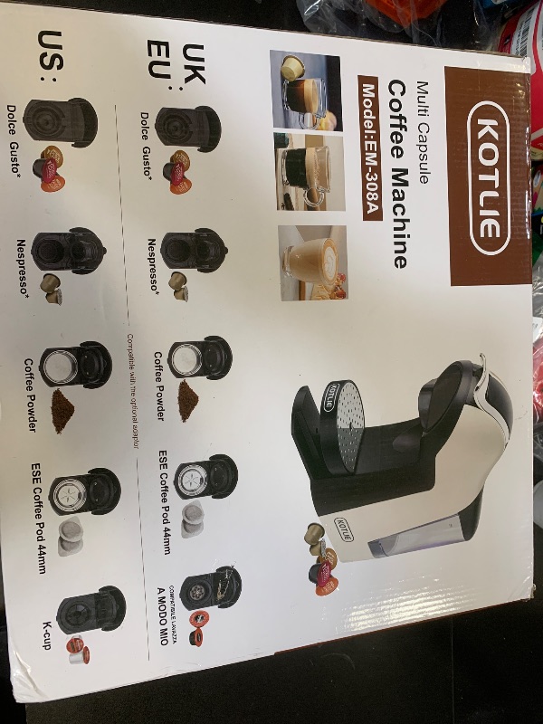 Photo 1 of KOTLIE 5in1 19Bar Multicapsule Espresso Coffee Machine, Cold&Hot Brewing Single-Serve Coffee Maker, Cappuccino&Latte Maker for Kcup/Dolce Gusto/Nespresso Original/GroundCoffee/44mm ESE EM-308A (White)
