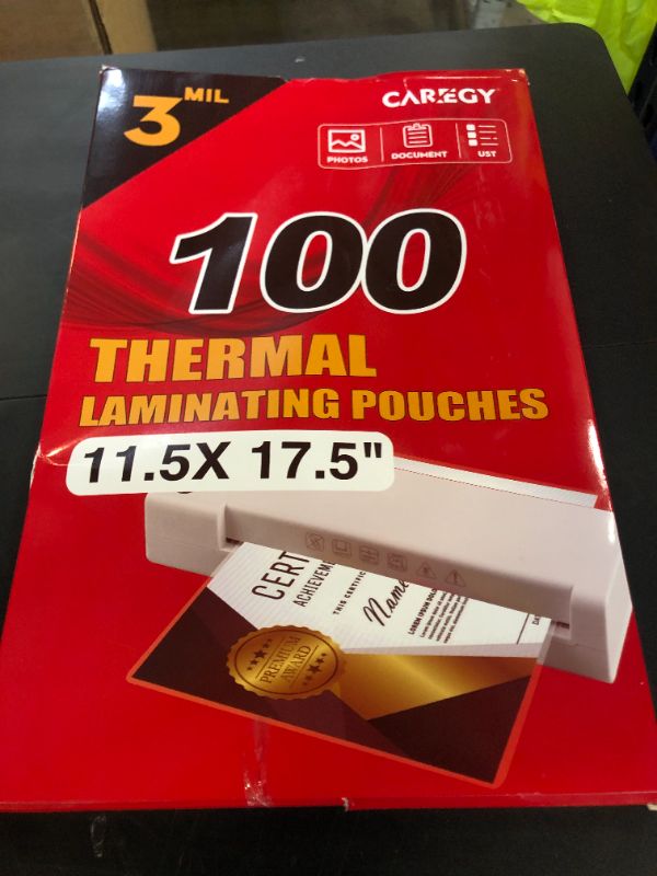 Photo 1 of CAREGY 100 Pack Laminating Sheets, Hold 11 x 17 Inch Sheet, 3 Mil Clear Thermal Laminating Pouches 11.5 x 17.5 Inch Lamination Sheet Paper for Laminator, Round Corne