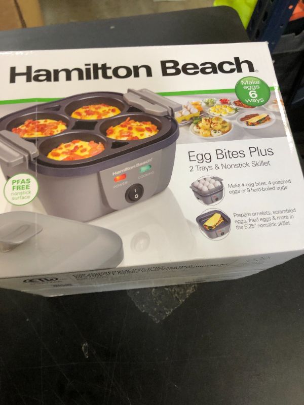 Photo 1 of Hamilton Beach 6-in-1 Electric Egg Cooker for Hard Boiled Eggs, Sous Vide Style Egg Bite Maker and Poacher, 5.25” Non-Stick Skillet for Omelets, Scrambling & Frying, Grey (25510)