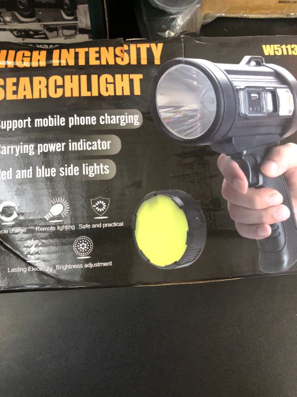 Photo 1 of MIXILIN Rechargeable Spotlight, 90,000 Lumens Handheld Hunting Flashlight Led Spot Light with Cob Light and Solar Panels, Lightweight and Super Bright Spotlight for Hunting Boating Camping