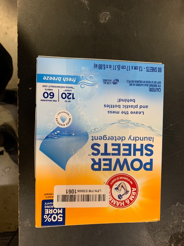 Photo 1 of ARM & HAMMER Power Sheets Laundry Detergent, Fresh Breeze Scent, No Mess, Lightweight and Travel-Friendly, 60 Count, Up to 120 Small Loads