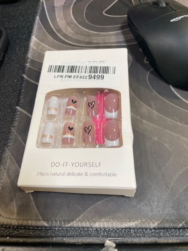 Photo 1 of Glitter White French Tip Press on Nails Medium, Black Heart Nails Glossy Square Shape Fake Nails Reusable False Nails with Glue on Nails Natural Stick on Nails for Women Manicure Valentine's Day 24Pcs