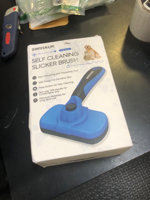 Photo 1 of Swihauk Self Cleaning Slicker Brush - Skin Friendly Deshedding Grooming Tool for Dogs & Cats, Suitable for Shedding & Haired Pets, with Pet Supplies Accessories, Blue