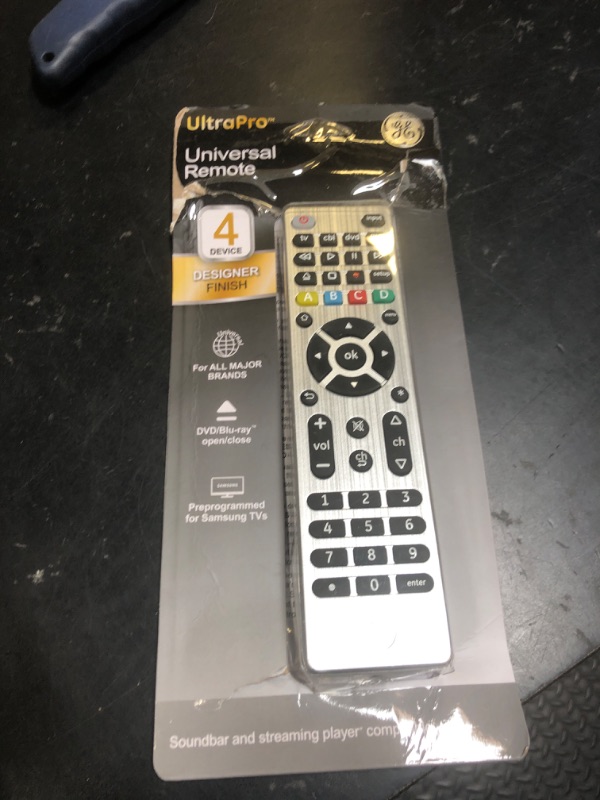 Photo 1 of GE Universal Remote Control for Samsung, Vizio, LG, Sony, Sharp, Roku, Apple TV, TCL, Panasonic, Smart TVs, Streaming Players, Blu-ray, DVD, 4-Device, Silver, 33709