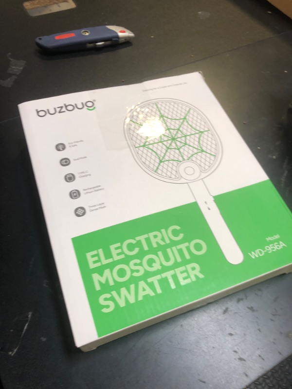 Photo 1 of Buzbug Electric Fly Swatter, Type-C Rechargeable Mosquito Swatter, Foldable, Dual Handheld and Auto Zap Mode, 3800V Powerful Instant Bug Zapper Racket, Mosquito Bat for Indoor Outdoor Camping -WD956A