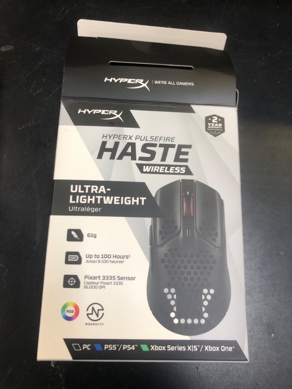 Photo 1 of HyperX Pulsefire Haste – Wireless Gaming Mouse – Ultra Lightweight, 61g, 100 Hour Battery Life, 2.4Ghz Wireless, Honeycomb Shell, Hex Design, Up to 16000 DPI, 6 Programmable Buttons – Black, 4P5D7AA