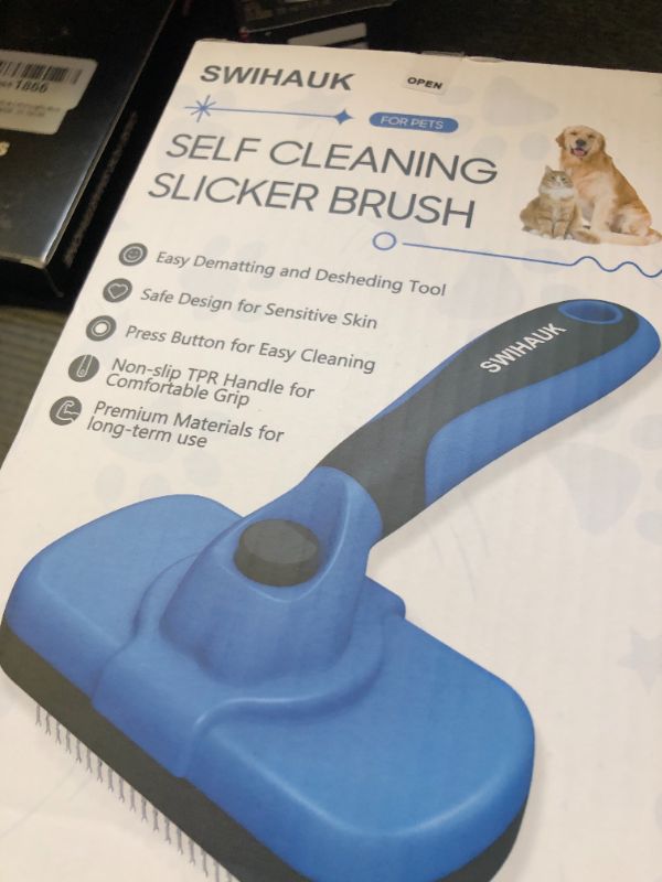 Photo 1 of Swihauk Self Cleaning Slicker Brush - Skin Friendly Deshedding Grooming Tool for Dogs & Cats, Suitable for Shedding & Haired Pets, with Pet Supplies Accessories, Blue