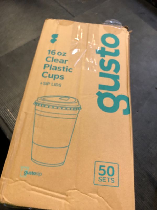 Photo 1 of * NO LIDS * GUSTO Clear Plastic Cups [16 oz - 50 Count] - Disposable Iced Coffee Drink Cups with Strawless Sip Lids for Smoothies, Juices, and More - Formerly Comfy Package
