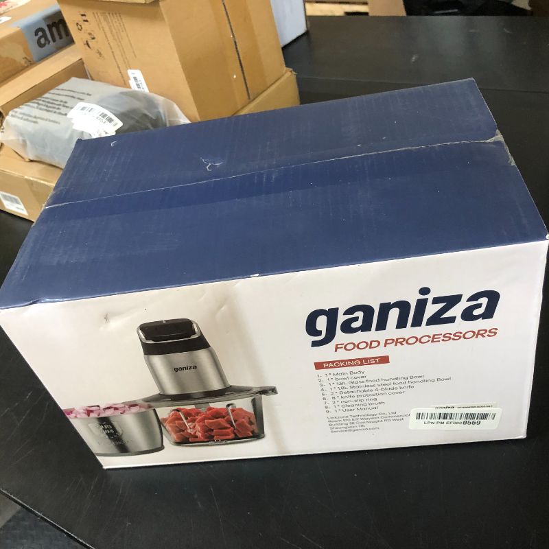 Photo 1 of Ganiza Food Processor, 2-Speed Food Chopper Meat Grinder with 8 Cup Stainless Steel & 8 Cup Glass Bowls, Upgraded Button & Smart Overheat Protection Light - Includes Clean Brush, 2 Sets of Blades