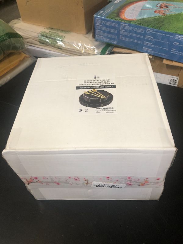 Photo 1 of I00000 150Pcs Black Plastic Plates,Heavy Duty Black Plates for 30 Guests,Plastic Dinnerware Set Include 30 Dinner Plate,30 Dessert Plate,90 Gold Cutlery Set for Party