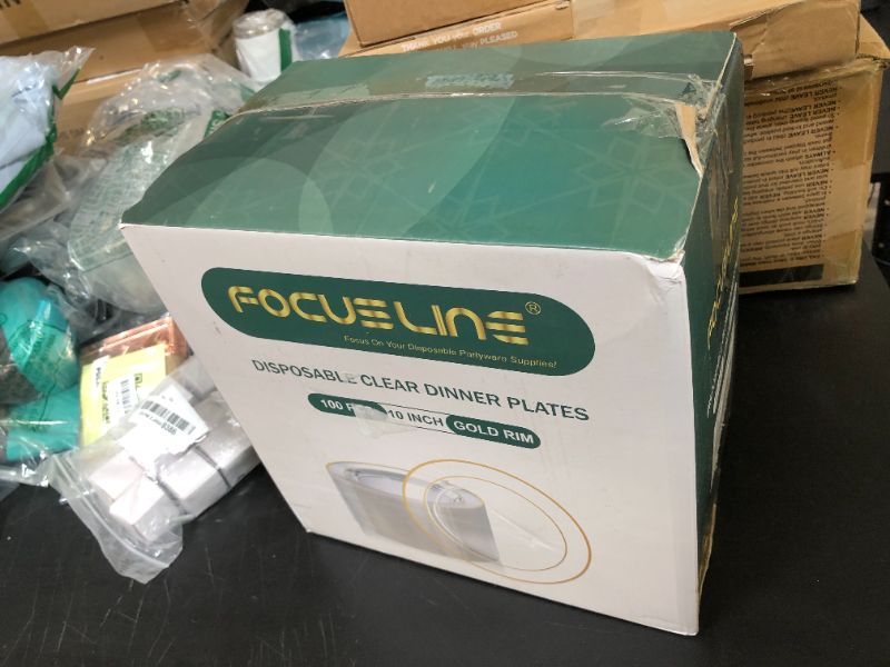 Photo 1 of FOCUSLINE 100 Count 10 Inch Clear and Gold Plastic Plates, Disposable Heavy Duty Clear Plates with Gold Rim, Premium Hard Plastic Plate Fancy Disposable Dinner Plate for Wedding Parties