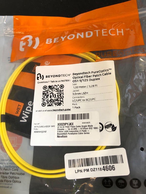 Photo 1 of BEYONDTECH LC to LC Fiber Patch Cable Single Mode Simplex - 1m (3.28ft) - 9/125um OS2 100G / 3.0mm LSZH Insensitive (1 Pack) PureOptics Cable Series
