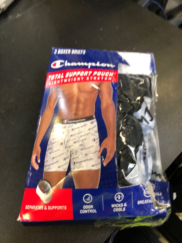 Photo 1 of Champion Men's Underwear Boxer Briefs, Total Support Pouch, Assorted 3-Pack, Grey Print with Script Logo/New Ebony/Silverstone-3 Pack, XX-Large