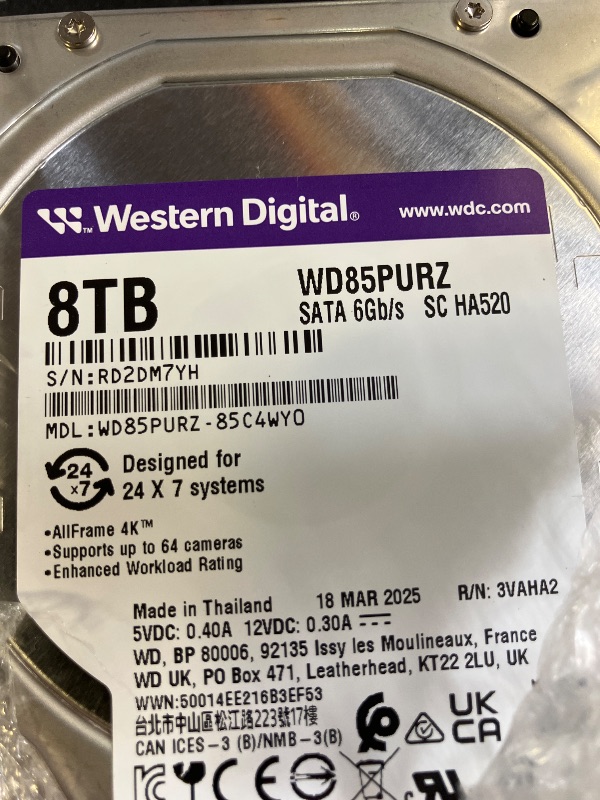 Photo 1 of Western Digital 8TB WD Purple Surveillance Internal Hard Drive HDD - SATA 6 Gb/s, 256 MB Cache, 3.5" - WD85PURZ