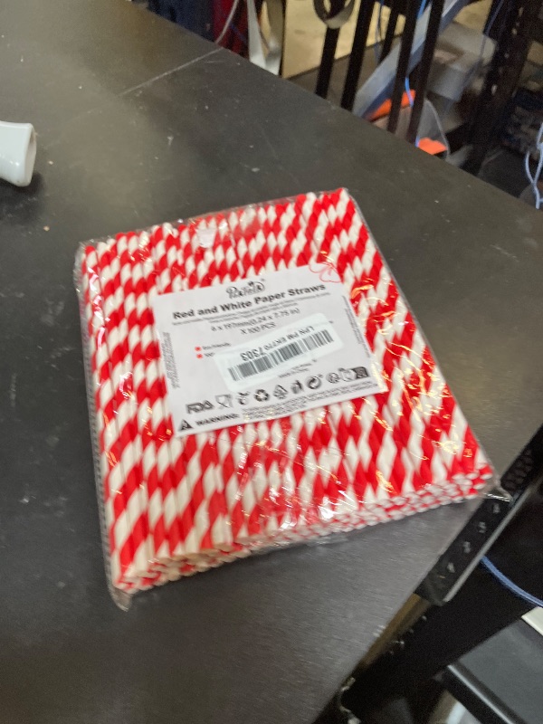 Photo 1 of PakTalk [100 Pack]Red Straws, Disposable Red and White Straws Biodegradable Red Paper Striped Straws for Cocktail, Milkshake, Coffee, Lemonade (0.24" x 7.75", Red)