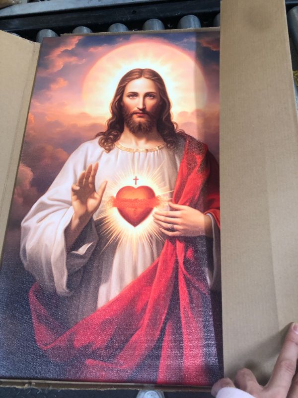 Photo 1 of Framed Sacred Heart of Jesus Picture Wall Art Divine Mercy Picture Canvas Wall Decor Christ Jesus Portrait Poster Prints Christian Religious Artwork for Living Room Bedroom(12x16inch)