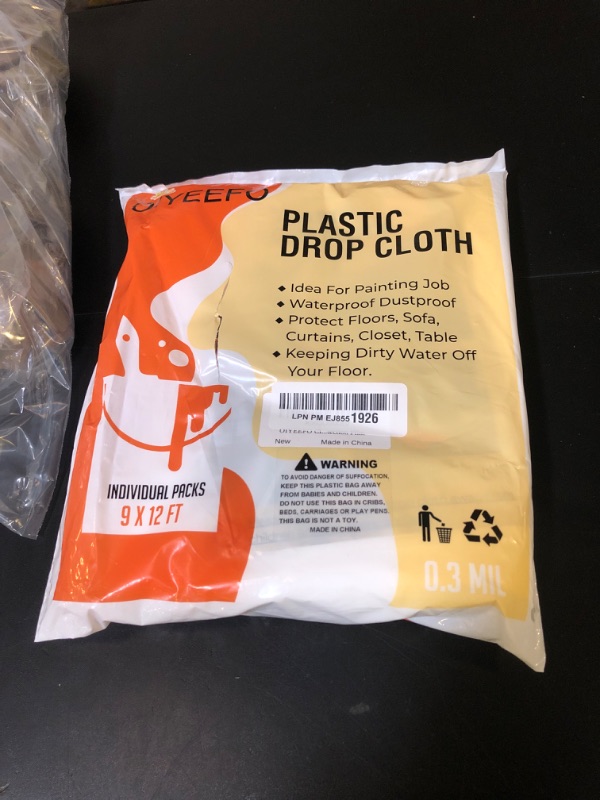 Photo 1 of OIYEEFO Clear Plastic Sheeting Drop Cloths for Painting, 5 Pcs 9x12ft Plastic Tarp Waterproof Dustproof Almost Tear Resistance Multi-Purpose Furniture Cover Floor Wall Protection Film